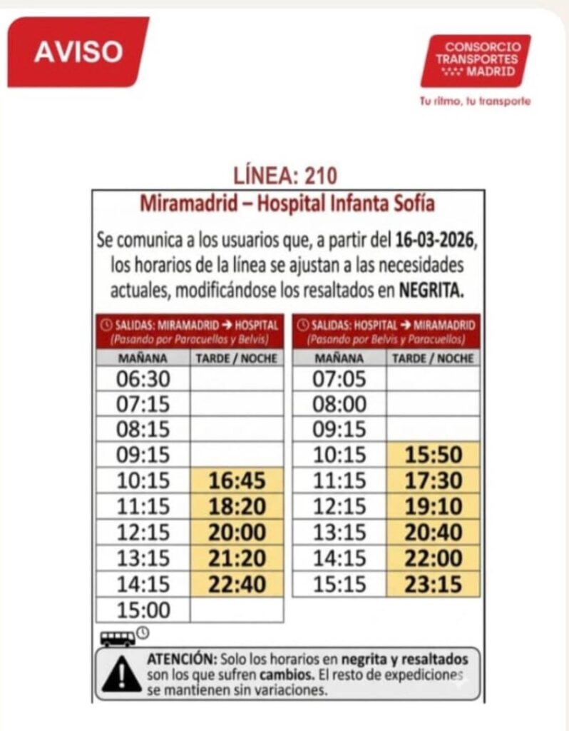 Modificación de horarios en la línea 210 de Paracuellos 1 modificacion linea 210